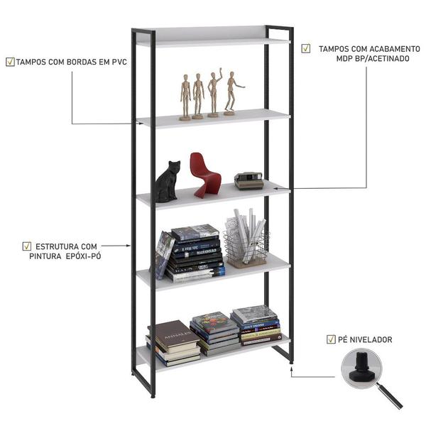 Imagem de Estante Livreiro Dynamica Industrial 80cm 5 Prateleiras C08 Branco Chess - Mpozenato