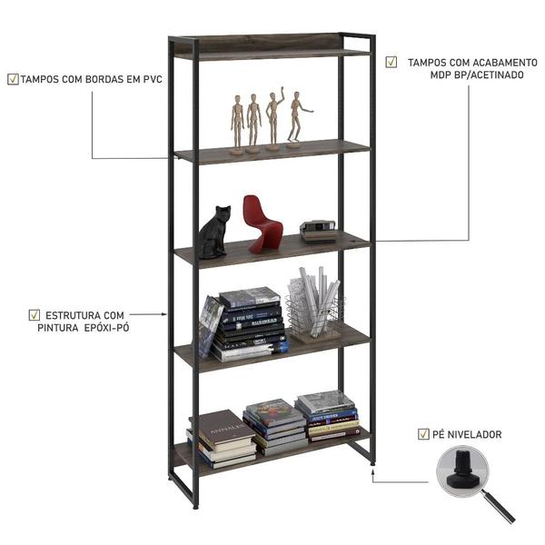 Imagem de Estante Livreiro Dynamica Industrial 80cm 5 Prateleiras C08 Carvalho Dark - Mpozenato