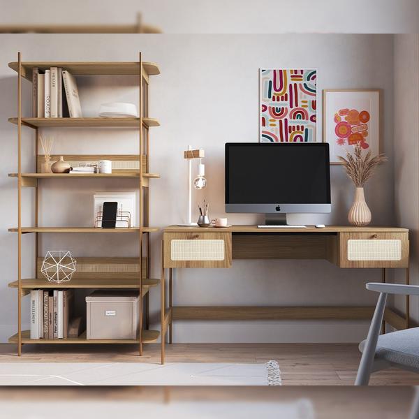 Imagem de Estante Livreiro Home Office e Mesa Escrivaninha Industrial Indy A03 Hanover Dourado - Lyam Decor