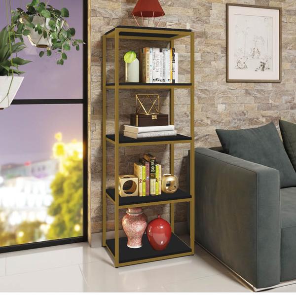 Imagem de Estante Livreiro Multiuso York Industrial Office Ferro Dourado 5 Prateleiras 100% MDF Preto - Ahazzo Móveis