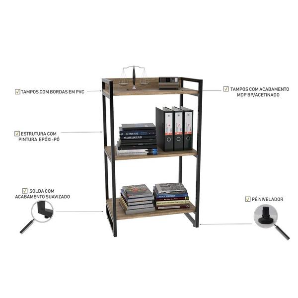 Imagem de Estante Livreiro Prisma Estilo Industrial 60cm 3 Prateleiras Carvalho - Mpozenato