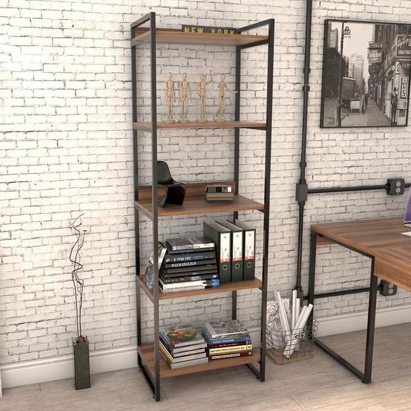 Imagem de Estante Livreiro Prisma Estilo Industrial 60cm 5 Prateleiras Nogal - Mpozenato