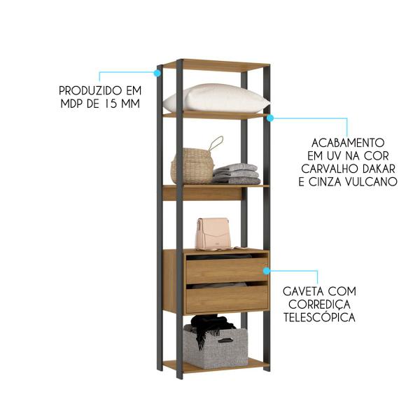 Imagem de Estante Modulada Multiuso com 2 Gavetas Closet Aberto 70x220cm Carvalho