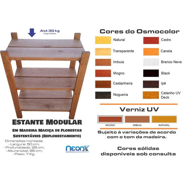 Imagem de Estante Modular 3 Prateleiras Madeira Maciça 65x50x29 cm Pintada (Réguas 12 cm nas prateleiras) NeonX