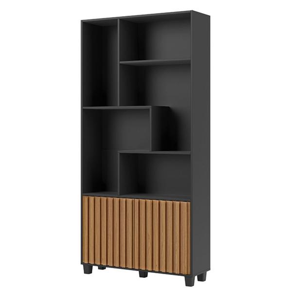 Imagem de Estante Multiuso Com 02 Portas Ripadas 07 Nichos Novara 192x94cm D03 Freijó Preto Fosco - Lyam Decor