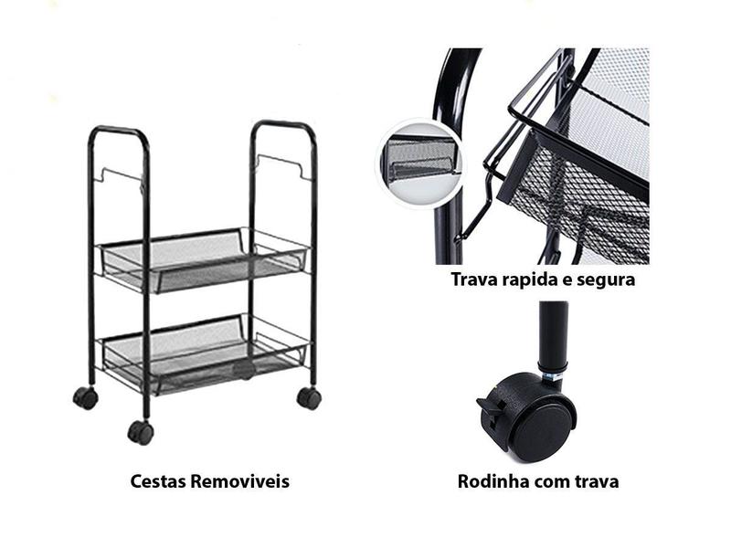 Imagem de Estante Organizador Hack Com Rodas Fruteira Cozinha 3 Cestas Preto