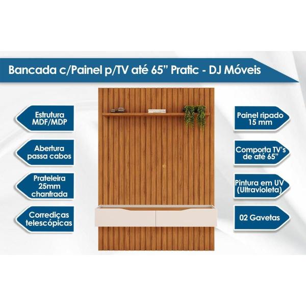 Imagem de Estante p/ Sala até 65 Pol Pratic Ripado c/ 2 Gavetas 183x240cm Cedro/Bali - DJ Móveis