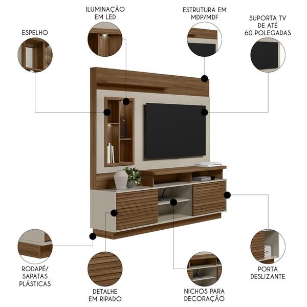 Imagem de Estante Painel Para TV 60 Pol com LED 200cm Dora L06 Jatobá/Off White - Mpozenato