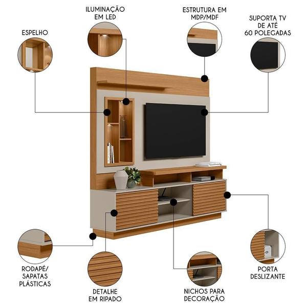 Imagem de Estante Painel Para Tv 60 Pol Com Led 200cm Dora L06 Nature/off White - Mpozenato