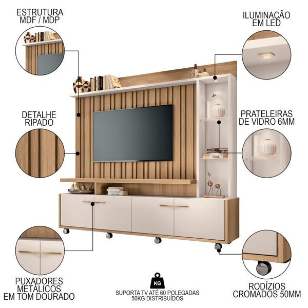 Imagem de Estante Painel para TV 60 Pol. Ripado Com LED Natan H01 Off White/Freijó - Mpozenato