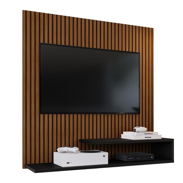 Imagem de Estante Painel Parede Smart New TV 32 Polegadas Prateleiras Decorativas Sala Quarto Pequeno Retrô  Ripado Preto - RPM 