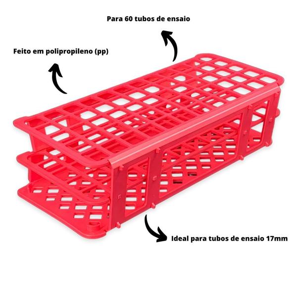 Imagem de Estante Para 60 Tubos De Ensaio 60 Furos De 17mm Resistente Rosa Em Pp