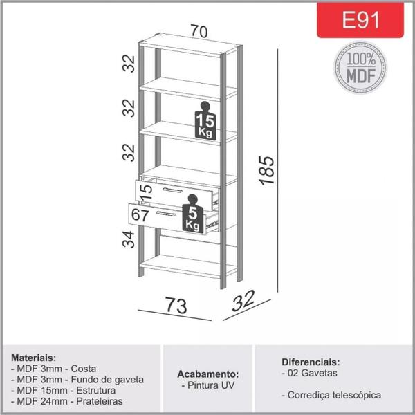 Imagem de Estante para Livros 2 Gavetas 185cmx72cm E91