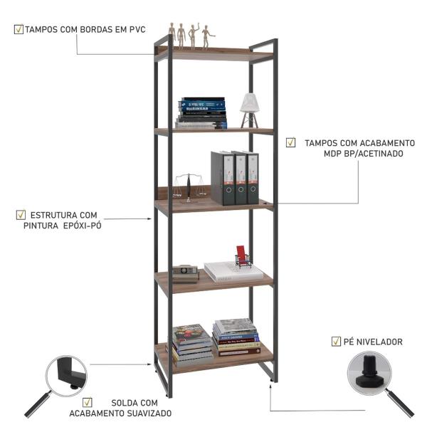 Imagem de Estante para Livros 5 Prateleiras Nogal 8393 - Compace