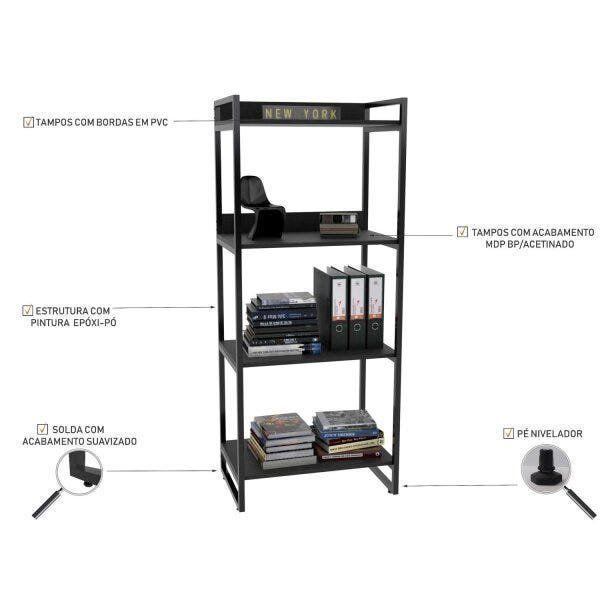 Imagem de Estante para Livros Industrial 104cmx60cm 3 Prateleiras Kuadra