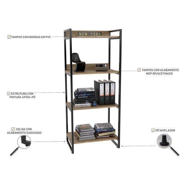 Imagem de Estante para Livros Industrial 145cmx60cm 4 Prateleiras Kuadra