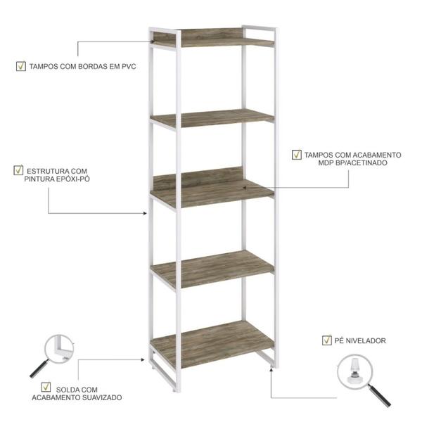 Imagem de Estante para Livros Industrial 187cmx60cm 5 Prateleiras Kuadra