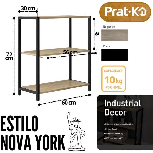 Imagem de Estante Prateleira Industrial Nova Yorke De 3 Andares 60x30x72cm MDF Madeira Nogueira Metalão Prat-k