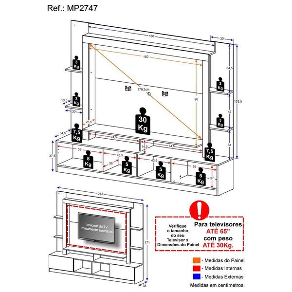 Imagem de Estante Rack com Painel e Suporte TV 65" Moscou Multimóveis Branco/Tenerife