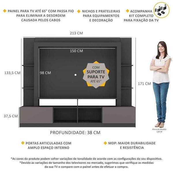 Imagem de Estante Rack com Painel e Suporte TV 65" Moscou Multimóveis Preto/Lacca Fume