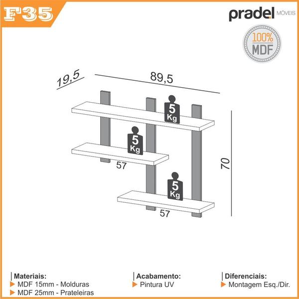 Imagem de Estante Suspensa Estilo Industrial 89,5cm F35 Pradel Móveis