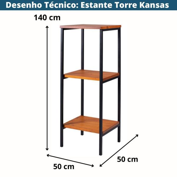 Imagem de Estante Torre Kansas Industrial Daf Móveis 140 x 50 cm em Madeira Maciça Mel Base Aço Carbono Preto