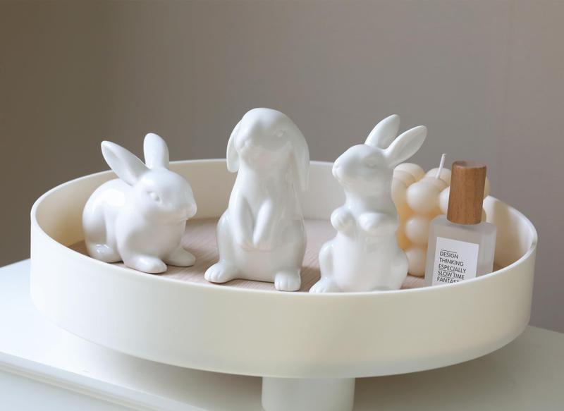 Imagem de Estatueta de coelhinho de cerâmica EASIMECOR White Rabbits Decoração de Páscoa