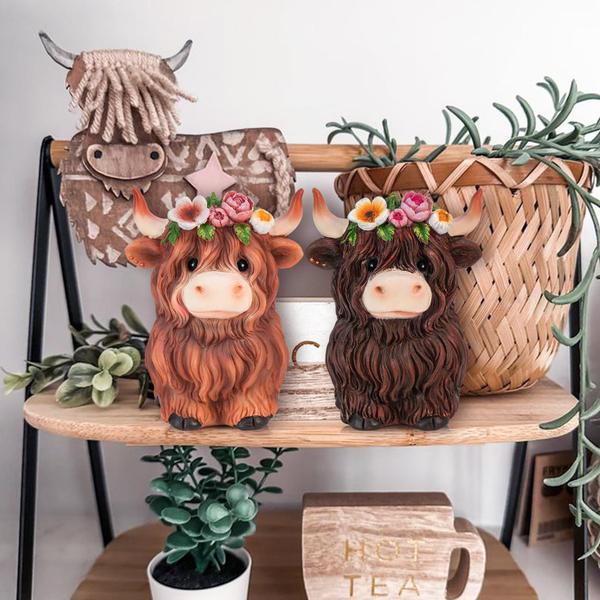 Imagem de Estatueta de resina KnoMeko Spring Highland Cow Decor Brown