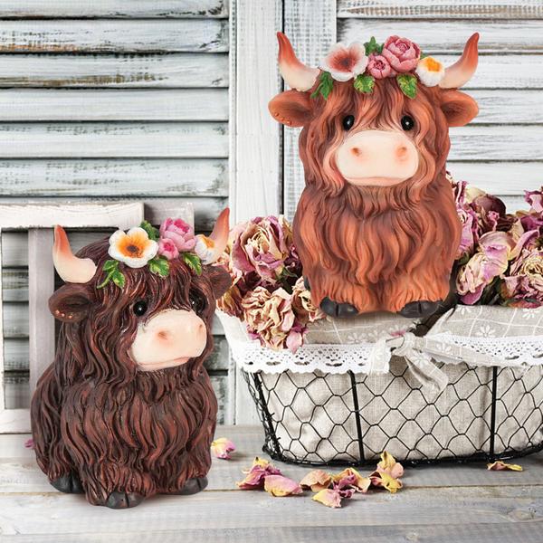 Imagem de Estatueta de resina KnoMeko Spring Highland Cow Decor Brown