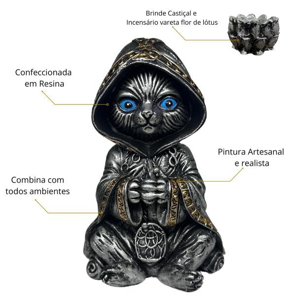 Imagem de Estatueta Gato Bruxo Wicca + Castiçal 2 em 1 Incensário Vareta