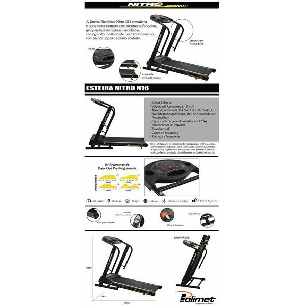 Imagem de Esteira Elétrica Academia Residencial Dobrável Polimet Nitro N16 127V/220V preta