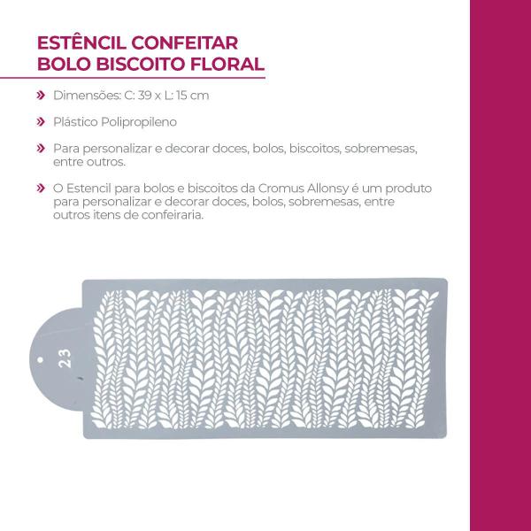 Estêncil para Decorar e Confeitar Bolo Biscoito Pasta Americana Estampa Floral ST39-23 39x15cm - Cromus Imagem de Estêncil para Decorar e Confeitar Bolo Biscoito Pasta Americana Estampa Floral ST39-23 39x15cm