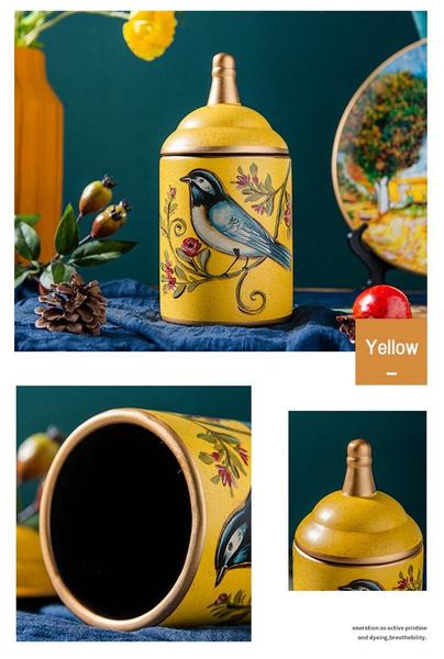 Imagem de Estilo europeu Pastor Bird Printing Cerâmica Food Storage Tank Kitchen Coffee Coffee Coffee Candy Storage Jar Com LidSugar & Creamer Pots (Amarelo)