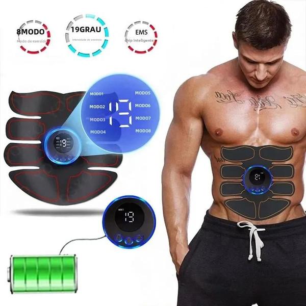 Imagem de Estimulador Muscular Abdominal EMS Masculino - Recarregável via USB - Patches para Treino de Braço e Abdômen