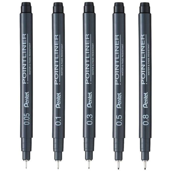 Imagem de Estojo 5 Canetas Nanquim Pointliner Pentel (0.05, 0.1, 0.3, 0.5, 0.8)