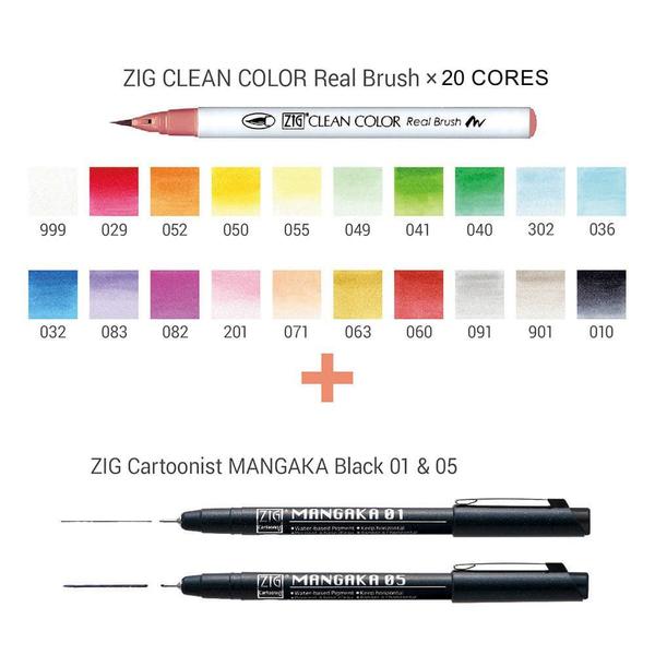 Imagem de Estojo Caneta Kuretake Zig Real Brush + Mangaka 22 Peças