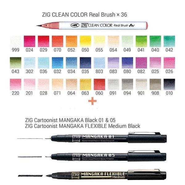 Imagem de Estojo Caneta Kuretake Zig Real Brush + Mangaka 39 Peças