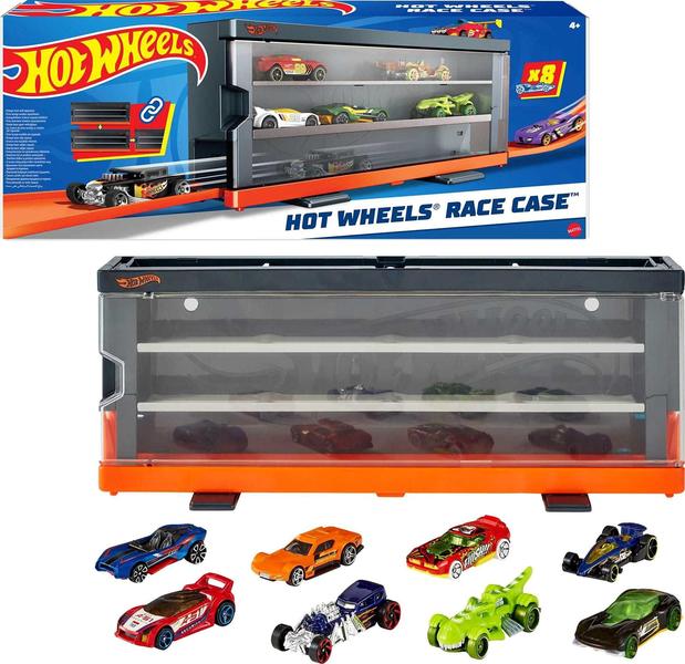 Imagem de Estojo de corrida Hot Wheels com 8 carros de brinquedo, display e armazenamento