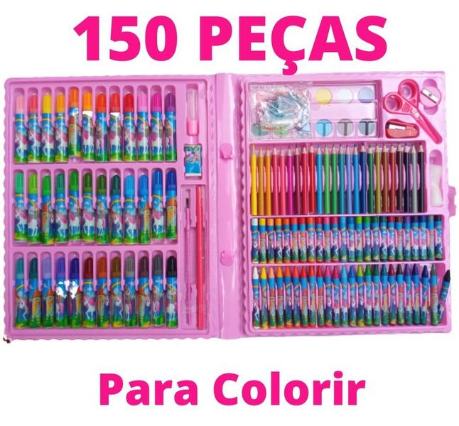 Imagem de Estojo de Pintura Infantil Escolar Maleta de Desenhar e Colorir Unicórnio 150 Peças