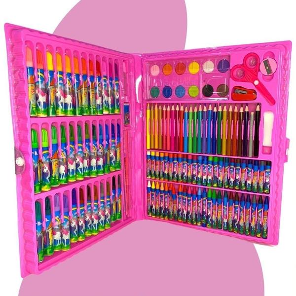Imagem de Estojo de Pintura Infantil Escolar Maleta de Desenhar e Colorir Unicórnio 150 Peças