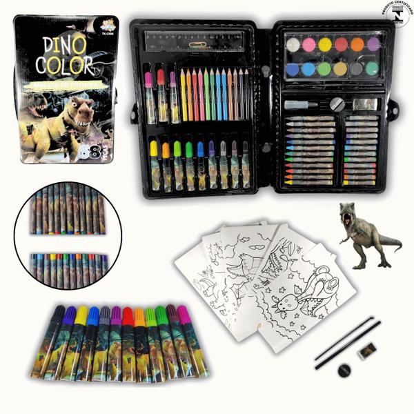 Imagem de Estojo de Pintura Kit Maleta Dinossauro Jurassic Park Desenhar Pintar - Completo 68 Peças Escolar