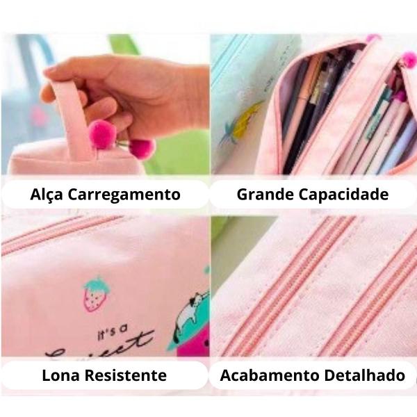 Imagem de Estojo Escolar Feminino Grande Juvenil Organizador Box Necessaire Cor Rosa Azul Lona Divisórias Alça Zíper Divisórias Lápis Caneta 02 Compartimentos