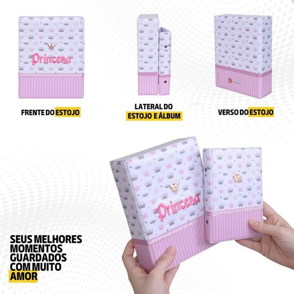 Imagem de Estojo Imantado Álbum 100 Fotos 10x15 LUXO COROA ROSA Bebê Princesa Newborn Bordado