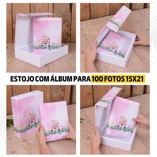 Imagem de Estojo Imantado com Álbum para 100 Fotos 15x21 SAFARI ROSA Bebê Animais Infantil Newborn