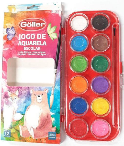 Imagem de Estojo Jogo Aquarela Pintura 12 Cores Vivas + Pincel Escola - Goller