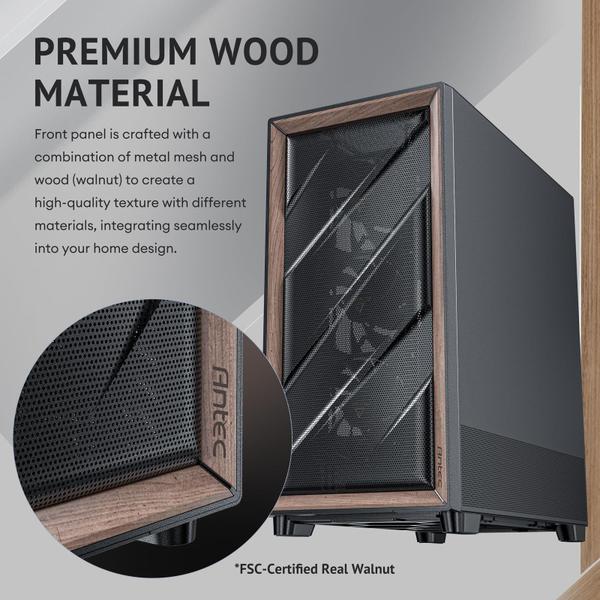 Imagem de Estojo para PC Antec Flux Wood Mid-Tower E-ATX com 5 ventiladores e tipo C