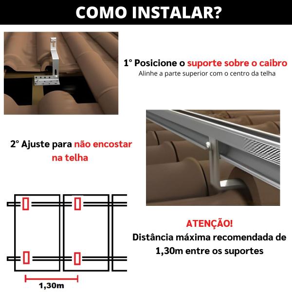 Imagem de Estrutura Suporte Fixador Linha C Placa Painel Solar Inox Para Telha Cerâmica e Cimento  Perfil Master   Kit 04 Un