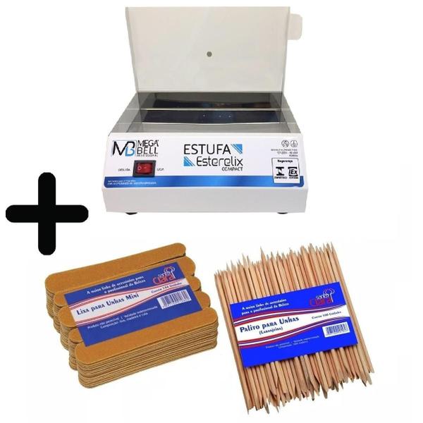 Estufa Esterilizador Manicure + 144 Mini Lixas + 100 Palitos - Mega Bell Imagem de Estufa Esterilizador Manicure + 144 Mini Lixas + 100 Palitos