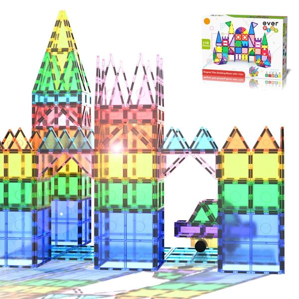 Everplay 110 pc telhas magnéticas com carro set, blocos de construção brinquedos STEAM aprendizagem educacional ímã brinquedo pré-escola Montessori meninos e meninas Smart Creative Kit Jogos presentes para a idade 3 + crianças crianças Imagem de Everplay 110 pc telhas magnéticas com carro set, blocos de construção brinquedos STEAM aprendizagem educacional ímã brinquedo pré-escola Montessori meninos e meninas Smart Creative Kit Jogos presentes para a idade 3 + crianças crianças
