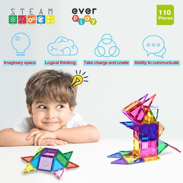 Imagem de Everplay 110 pc telhas magnéticas com carro set, blocos de construção brinquedos STEAM aprendizagem educacional ímã brinquedo pré-escola Montessori meninos e meninas Smart Creative Kit Jogos presentes para a idade 3 + crianças crianças